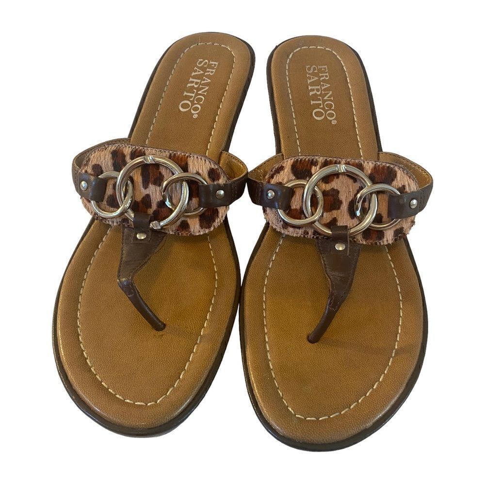 Franco Sarto Brown Wedge Thong Sandals w/ Leopard Print Pony Hair.